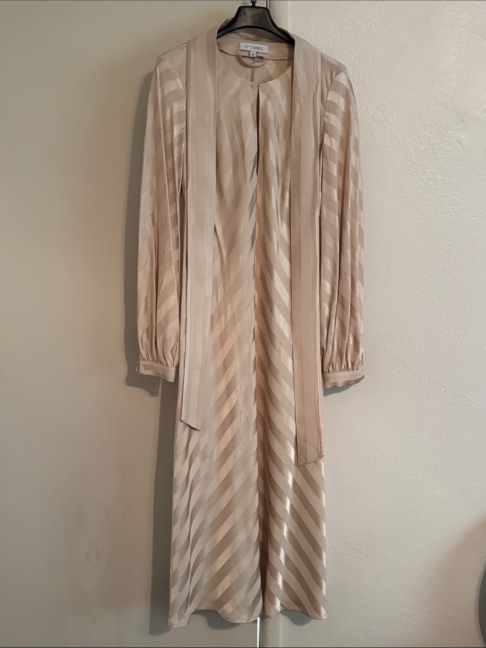 INTERMIX Cream Striped Long Sleeve Midi Dress